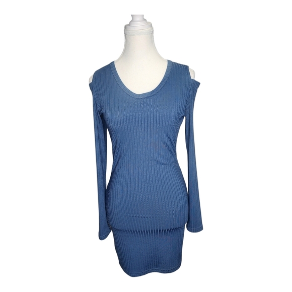 Blue Long Sleeve Scoop Neck Ribbed Dress Size Small - Picture 2 of 6
